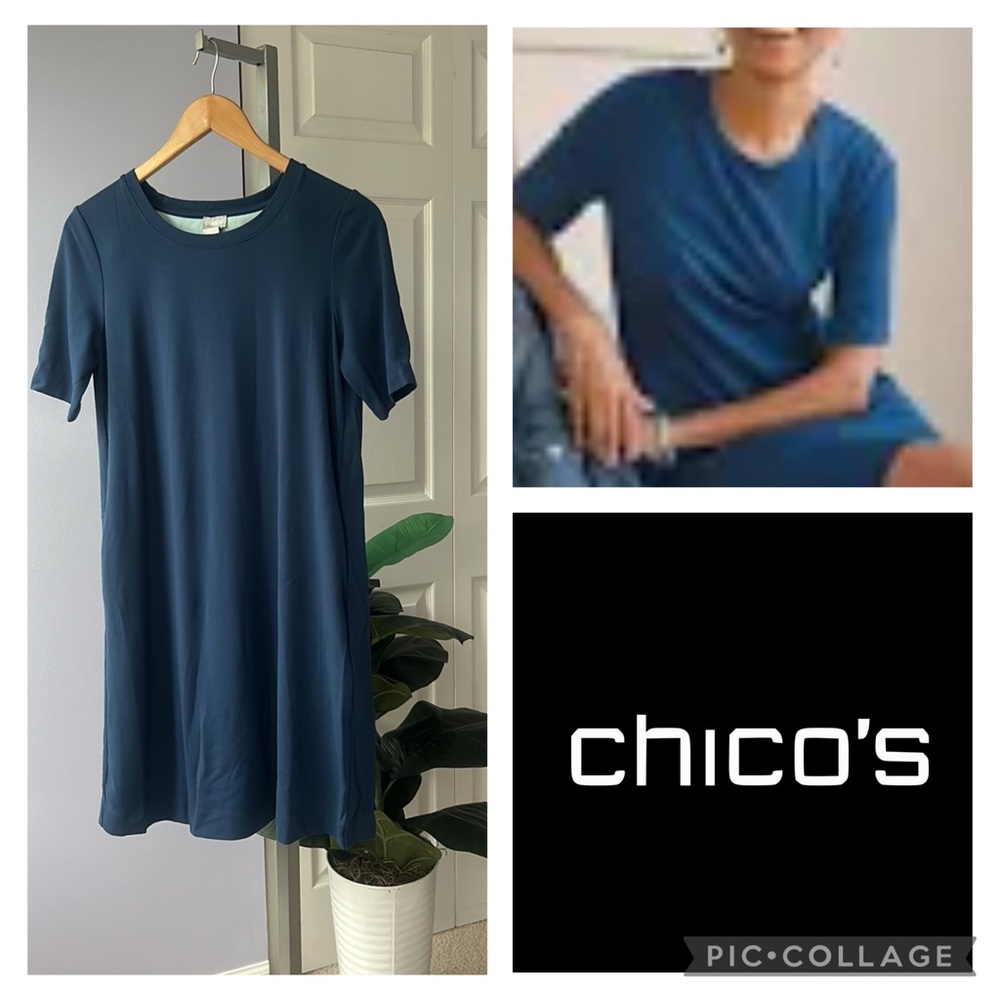 Chicos Ponte T-Shirt Dress Stretchy, pockets + elbow length sleeves size 0 = 4/6